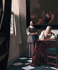 Johannes Vermeer’s Lady Writing a Letter with her Maid (ca. 1670–1671) famous painting. Original from Wikimedia Commons. Digitally enhanced by rawpixel.