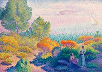 Two Women by the Shore, Mediterranean (1896) painting in high resolution by <a href="https://www.rawpixel.com/search/Henri%20Edmond%20Cross?sort=curated&amp;page=1">Henri-Edmond Cross</a>. Original from Barnes Foundation. Digitally enhanced by rawpixel.