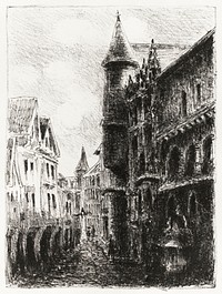 Rue Saint-Romain, Rouen, 1st plate (1896) print in high resolution by Camille Pissarro. Original from the Sterling and Francine Clark Art Institute. Digitally enhanced by rawpixel.