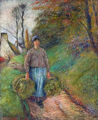 Peasant Woman Carrying Two Bundles of Hay (1883) painting in high resolution by Camille Pissarro. Original from the Dallas Museum of Art. Digitally enhanced by rawpixel.