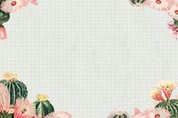 Vintage green cactus with flower frame on grid paper background design element