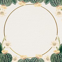 Round gold frame with vintage cactus on paper background design element