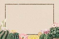 Rectangle gold frame with vintage cactus on paper background design element