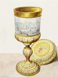 Golden cup with lid, donated to Cornelis de Witt on the occasion of the Tour to Chatham, 1667 (1748) painting in high resolution by Aert Schouman. Original from the Rijksmuseum. Digitally enhanced by rawpixel.