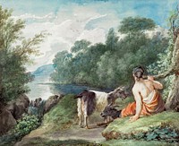 Shepherdess with goats in a landscape with a lake (1781) painting in high resolution by Aert Schouman. Original from the Rijksmuseum. Digitally enhanced by rawpixel.