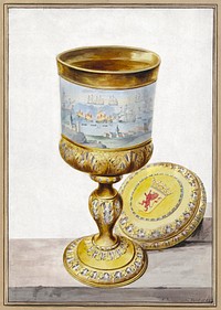 Golden cup with lid, donated to Cornelis de Witt on the occasion of the Tour to Chatham, 1667 (1748) painting in high resolution by Aert Schouman. Original from the Rijksmuseum. Digitally enhanced by rawpixel.