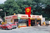 Rube & Sons Shell gas station, front view, Route 9, Kingston, New York (1976) photography in high resolution by John Margolies. Original from the Library of Congress. Digitally enhanced by rawpixel.