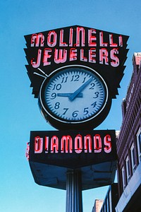 Molinelli Jewelers street clock, neon, Main Street, Pocatello, Idaho (2004) photography in high resolution by John Margolies. Original from the Library of Congress. Digitally enhanced by rawpixel.