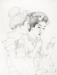 Woman Holding a Lip Brush (1920) drawing in high resolution by Goyō Hashiguchi. Original from the Minneapolis Institute of Art. Digitally enhanced by rawpixel.