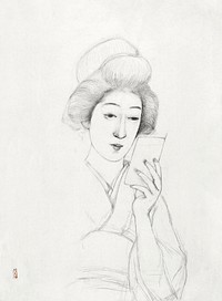 Study of a seated woman holding a mirror during early 20th century drawing in high resolution by Goyō Hashiguchi. Original from the Minneapolis Institute of Art. Digitally enhanced by rawpixel.