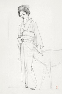 Study of a standing woman stroking a deer during early 20th century drawing in high resolution by Goyō Hashiguchi. Original from the Minneapolis Institute of Art. Digitally enhanced by rawpixel.