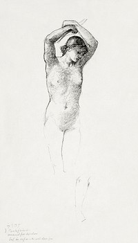 Standing Female Nude with Arms Raised (1880–1890) drawing in high resolution by Sir Edward Burne–Jones. Original from Los Angeles County Museum of Art. Digitally enhanced by rawpixel.