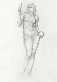 Nude Female Figure with Mirror in Right Hand (c. 1873–77) drawing in high resolution by Sir Edward Burne–Jones. Original from The Art Institute of Chicago. Digitally enhanced by rawpixel.