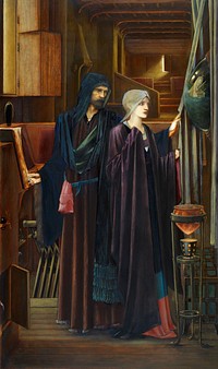The Wizard, Two figures in a narrow, darkened chamber. A bearded man in a heavy robes, reveals a convex mirror to a young, veiled girl, behind a drape (1898) painting in high resolution by Sir Edward Burne&ndash;Jones. Original from Birmingham Museum and Art Gallery. Digitally enhanced by rawpixel.