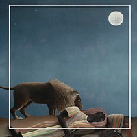 Frame psd famous painting, lion and sleeping Gypsy, remixed from artworks by Henri Rousseau