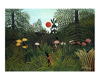 Rousseau art print, Virgin Forest with Sunset by Henri Rousseau's famous landscape (1910) painting. Original from the Kunstmuseum Basel Museum. Digitally enhanced by rawpixel.