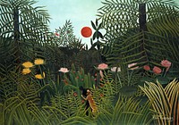 Henri Rousseau's Virgin Forest with Sunset (1910) famous painting. Original from the Kunstmuseum Basel Museum. Digitally enhanced by rawpixel.