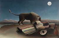 Henri Rousseau's The Sleeping Gypsy (La Boh&eacute;mienne endormie) (1897) famous painting. Original from Wikimedia Commons. Digitally enhanced by rawpixel.