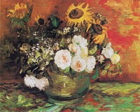 Vincent van Gogh's Bowl With Sunflowers Roses And Other Flowers (1886) famous painting. Original from Wikimedia Commons. Digitally enhanced by rawpixel.