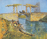 Vincent van Gogh's The Langlois Bridge at Arles with Women Washing (1888) famous landscape painting. Original from Wikimedia Commons. Digitally enhanced by rawpixel.