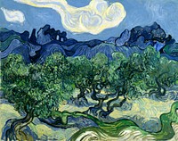 Vincent van Gogh's Olive Trees with the Alpilles in the Background (1889) famous landscape painting. Original from Wikimedia Commons. Digitally enhanced by rawpixel.