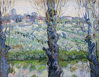 Vincent van Gogh's View of Arles, Flowering Orchards (1889) famous landscape painting. Original from Wikimedia Commons. Digitally enhanced by rawpixel.
