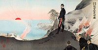 Officers and Men Admiring the Rising Sun While Bivouacking in the Mountains of Port Arthur during late 19th century print in high resolution by Ogata Gekko.