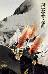 Officers and Men Worshipping the Rising Sun While Encamped in the Mountains of Port Arthur (1894) print in high resolution by Ogata Gekko.