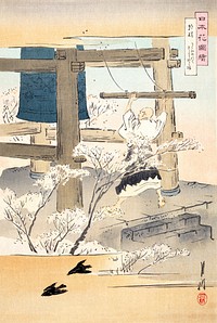 Monk Ringing a Bell: Pictures of Japanese Flowers (1898) print in high resolution by Ogata Gekko.