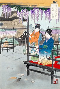Two Maidens on Veranda Overlooking Fish Pond during late 19th&ndash;early 20th century print in high resolution by Ogata Gekko.