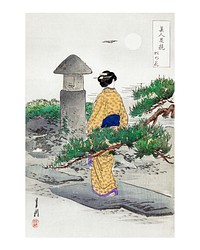 Japanese woman art print, vintage wall art decor, remixed from woodblock print artworks by Ogata Gekko