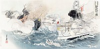 Depiction of the Sino-Japanese War and the Great Victory of the Japanese Navy near Dagushan (1894) print in high resolution by Ogata Gekko.