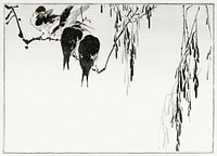 Perched magpies. Illustration from Seitei Kacho Gafu (1890&ndash;1891) by <a href="https://www.rawpixel.com/search/Wantanabe%20Seitei?sort=curated&amp;freecc0=1&amp;page=1">Wantanabe</a><a href="https://www.rawpixel.com/search/Wantanabe%20Seitei?sort=curated&amp;freecc0=1&amp;page=1"> Seitei</a>, a prominent Kacho-ga artist. Digitally enhanced from our own original edition. 