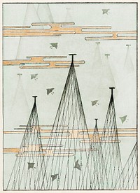 Skyscape with birds flying illustrastion. Digitally enhanced from our own original edition of Shin Bijutsukai