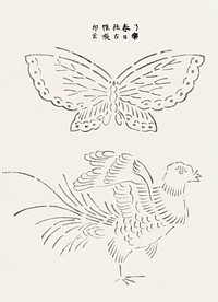 Japanese vintage original woodblock print of butterfly and crane from Yatsuo no tsubaki (1860-1869) by <a href="https://www.rawpixel.com/search/Taguchi%20Tomoki?sort=curated&amp;page=1">Taguchi Tomoki</a>. Digitally enhanced from our own antique woodblock print. 