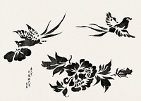 Japanese vintage original woodblock print of pheasant from Yatsuo no tsubaki (1860-1869) by <a href="https://www.rawpixel.com/search/Taguchi%20Tomoki?sort=curated&amp;page=1">Taguchi Tomoki</a>. Digitally enhanced from our own antique woodblock print. 