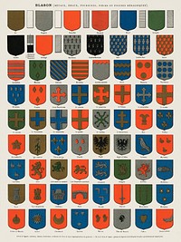 A collection of colorful ancient French heraldic blazons from the book, Nouveau Larousse illustré : dictionnaire universel encyclopédique by Larousse, Pierre and Augé, Claude. Digitally enhanced from our own original chromolithograph. 