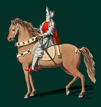 Costume Militaire Florentin, by <a href="https://www.rawpixel.com/search/Paul%20Mercuri?sort=curated&amp;page=1">Paul Mercuri</a> (1860) a portrait of a knight on horse back with full armor. Digitally enhanced by rawpixel.