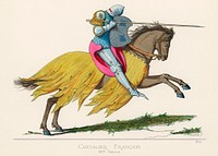 Chevalier Francais, XIVe Siecle, translated French Knight, 14th Century, by <a href="https://www.rawpixel.com/search/Paul%20Mercuri?sort=curated&amp;type=all&amp;page=1">Paul Mercuri</a> (1860), a a knight on horse back with full armor ready to joust. Digitally enhanced from our own original plate. 