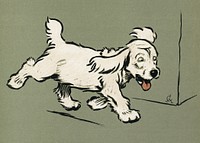 The White Puppy Book by <a href="https://www.rawpixel.com/search/Cecil%20Aldin?sort=curated&amp;type=all&amp;page=1">Cecil Aldin</a> (1910), a white dog &lsquo;Rags&rsquo; running emotionally distressed. Digitally enhanced from our own original plate. 