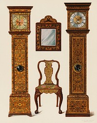 An illustration of Edwardian furniture (1905) drawn by <a href="https://www.rawpixel.com/search/Shirley%20Slocombe?sort=curated&amp;type=all&amp;page=1">Shirley Slocombe</a>, a beautifully detailed design of a wooden chair, framed mirror and two grandfather clocks. Digitally enhanced from our own original chromolithographic plate. 