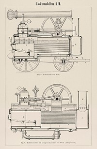 Lokomobilen 1 (1894) by an unknown artist, a beautifully detailed design of a train engine and its compartments. Digitally enhanced from our original chromolithographic plate. 