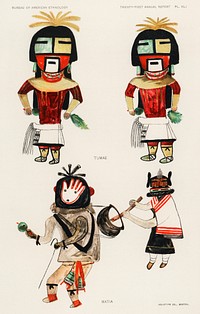 Hopi Katcinas - Piokot Turkwinu Turkwinu Mana (1895) drawn by the native people from the book of <a href="https://www.rawpixel.com/search/Jesse%20Walter%20Fewkes?sort=curated&amp;type=all&amp;page=1">Jesse Walter Fewkes</a> (1850&ndash;1930). Digitally enhanced from the original plate. 