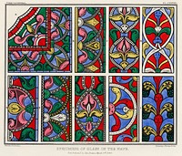 Specimens of the Glass in the Nave (1845) by <a href="https://www.rawpixel.com/search/John%20Bowne?sort=curated&amp;type=all&amp;page=1">John Bowne</a>, a vibrantly colored painting of the vintage glass of York Cathedral. Digitally enhanced from our own original plate. 
