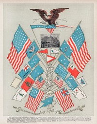 The Flags of the Union (1901), a vibrantly colored illustration of various USA flags and a bald eagle perched on top. Digitally enhanced from the original plate. 