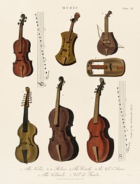 A collection of antique violin, viola, cello and more from Encyclopedia Londinensis; or Universal Dictionary of Arts, Sciences and Literature (1810). Digitally enhanced from our own original plate. 