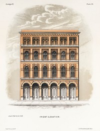 Front elevation from the book City & Suburban Architecture, Lippincott by Samuel Sloan (1815–1884). A frontal view of a suburban store built with bricks. Digitally enhanced from our own original plate. 