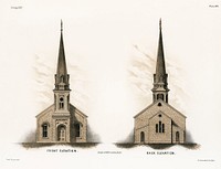Illustration of a frontside and a backside of an American church by <a href="https://www.rawpixel.com/search/Samuel%20Sloan?sort=curated&amp;type=all&amp;page=1">Samuel Sloan</a> (1815&ndash;1884), a vintage drawing of a simple architecture. Digitally enhanced from our own original plate. 