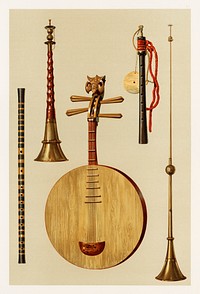 Saimisen, Kokiu and Biwa (1888) by William Gibb (1839-1929), a chromolithograph of a traditional musical instruments. Digitally enhanced from our own original plate. 