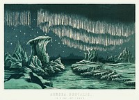 Aurora Borealis in High Latitudes from the book <a href="https://www.rawpixel.com/search/William%20MacKenzie?sort=curated&amp;type=all&amp;page=1">William </a><a href="https://www.rawpixel.com/search/William%20MacKenzie?sort=curated&amp;type=all&amp;page=1">MacKenzie</a>&rsquo;s National Encyclopedia (1891), a colored illustration of the beautiful polar lights in the night sky. 